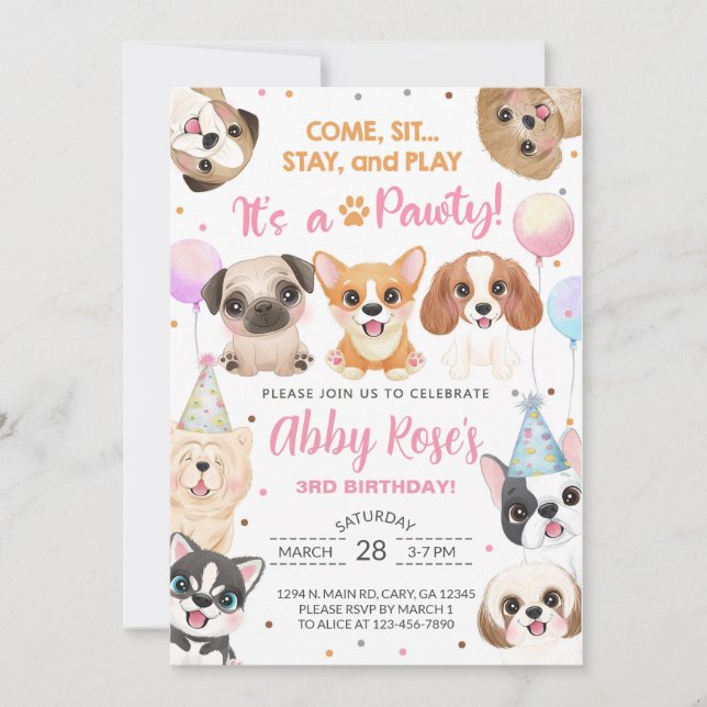 Puppy, puppies, pawty girl birthday invitation. in invitation (Front)