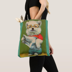 puppy reading the newspaper print tote bag