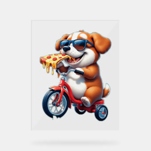 puppy riding a bike eating pizza acrylic sign