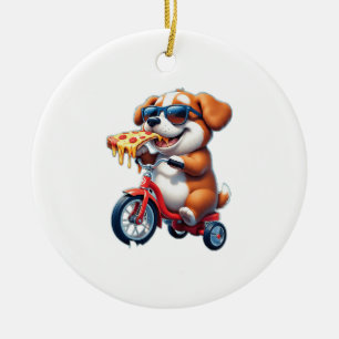 puppy riding a bike eating pizza ceramic tree decoration