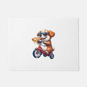 puppy riding a bike eating pizza doormat