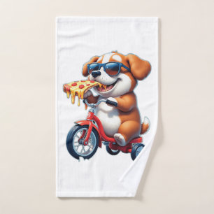 puppy riding a bike eating pizza hand towel