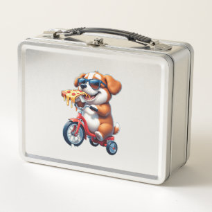 puppy riding a bike eating pizza metal lunch box