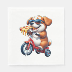 puppy riding a bike eating pizza napkin