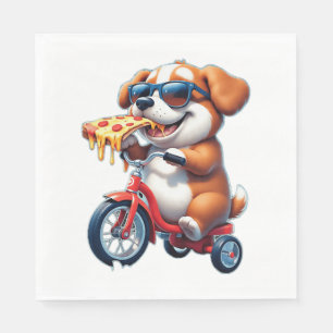 puppy riding a bike eating pizza napkin