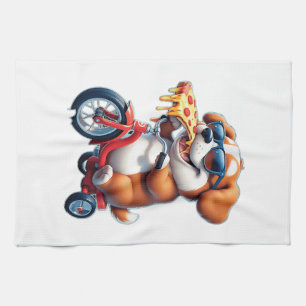puppy riding a bike eating pizza tea towel