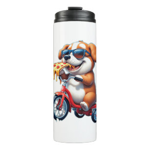 puppy riding a bike eating pizza thermal tumbler