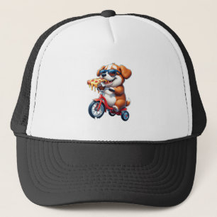 puppy riding a bike eating pizza trucker hat