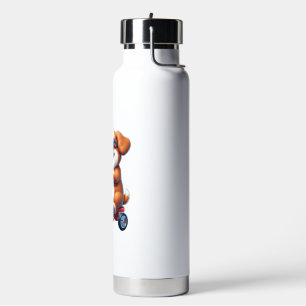 puppy riding a bike eating pizza water bottle