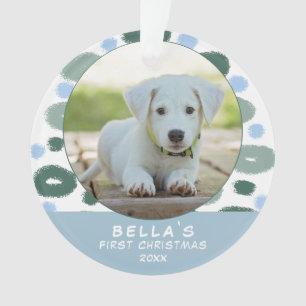 Puppy`s 1st Christmas Colourful Blue Pattern Photo Ornament