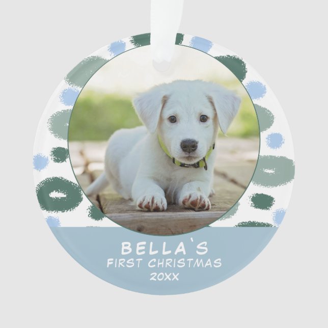 Puppy`s 1st Christmas Colourful Blue Pattern Photo Ornament (Front)
