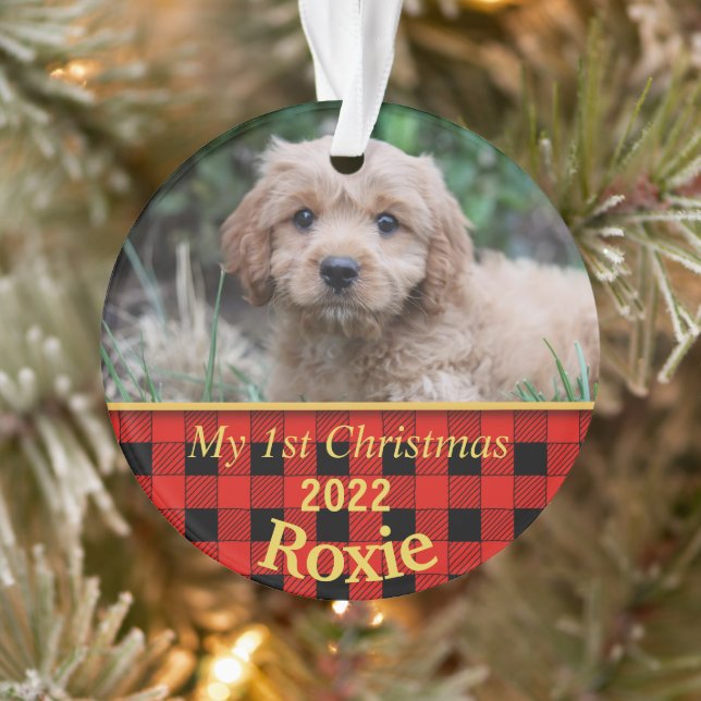 Puppy’s First Christmas Black & Red Check Ornament (Tree)