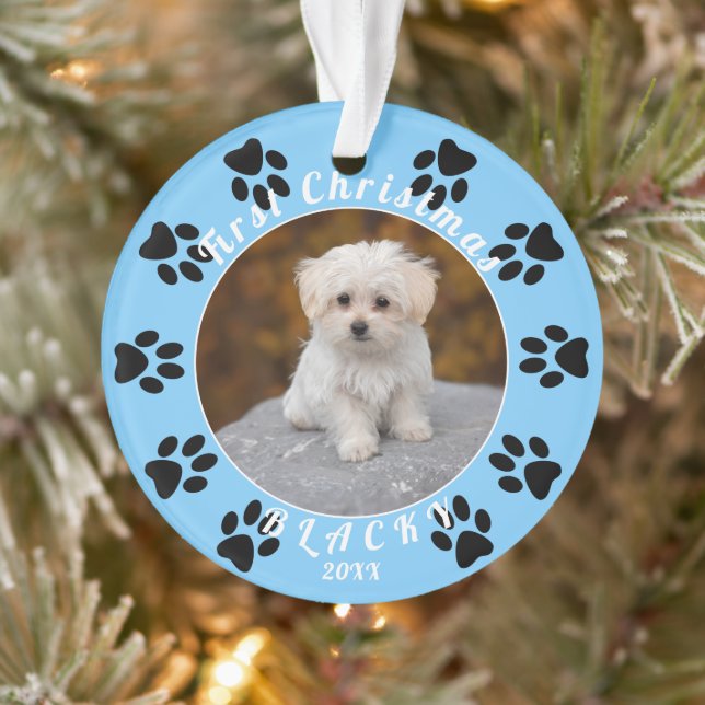 Puppy`s First Christmas Blue Paw Dog Photo Ornament (Tree)