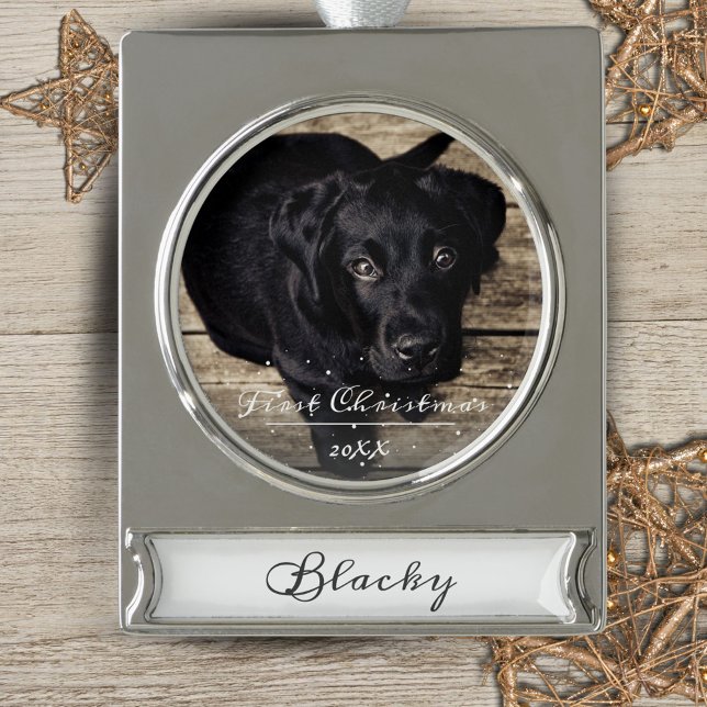 Puppy`s First Christmas Cute Script Photo Ornament (Creator Uploaded)