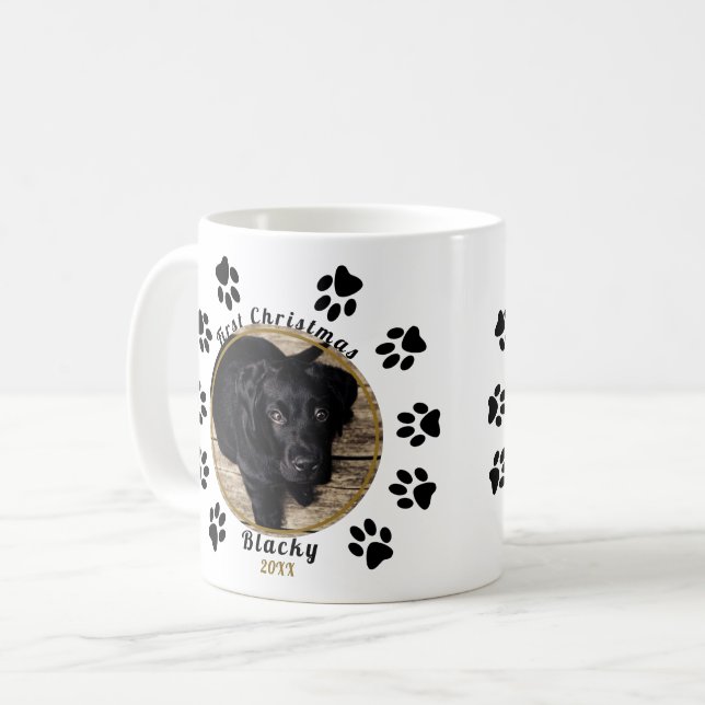 Puppy`s First Christmas Paw Print Dog Photo Coffee Mug (Front Left)