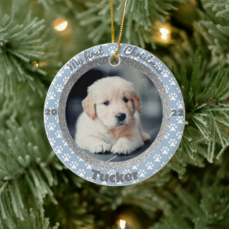 Puppy’s First Christmas Photo Blue Paw Print Ceramic Tree Decoration