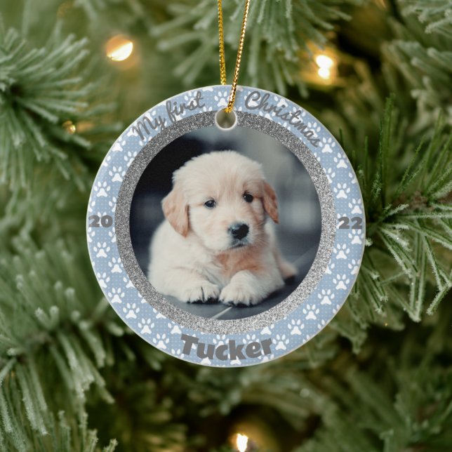 Puppy’s First Christmas Photo Blue Paw Print Ceramic Tree Decoration (Tree)