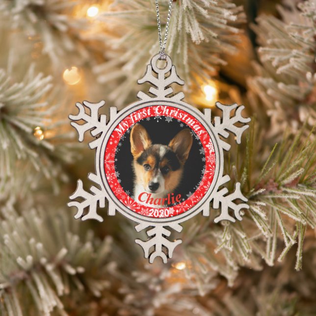 Puppy’s First Christmas Photo Snowflake Pewter Christmas Ornament (Tree)