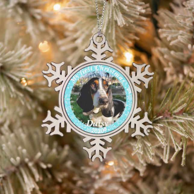 Puppy’s First Christmas Photo Snowflake Pewter Christmas Ornament (Tree)