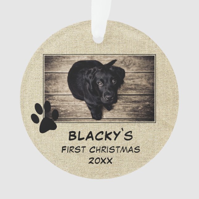 Puppy`s First Christmas Rustic Dog Photo Ornament (Front)