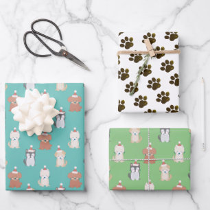 Puppy Santa Hat Blue Christmas Holiday Wrapping Paper Sheet