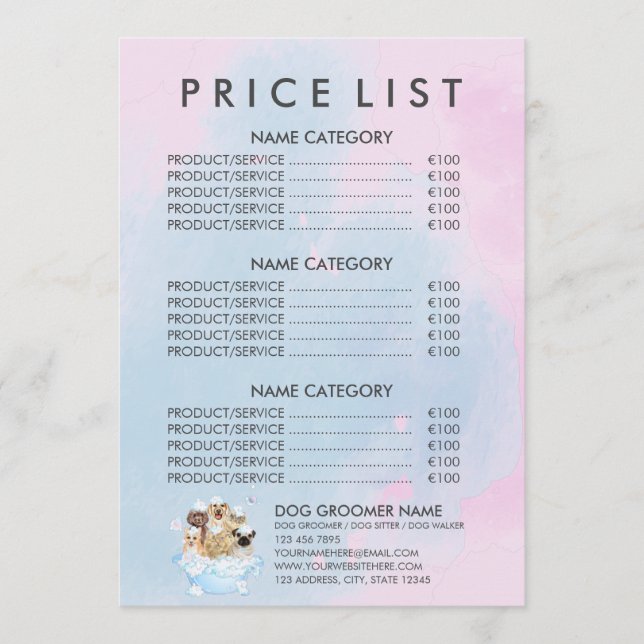 Puppy Spa Price List Bath Grooming Menu (Front)