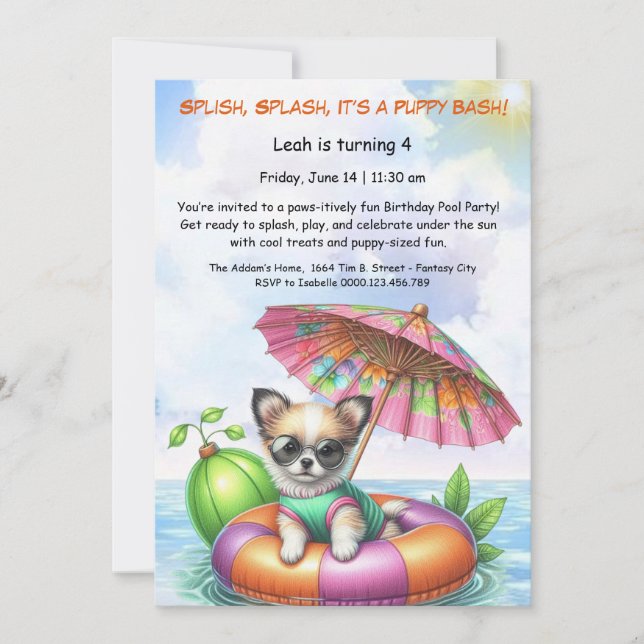 Puppy Splash Birthday Pool Party Invitation (Front)