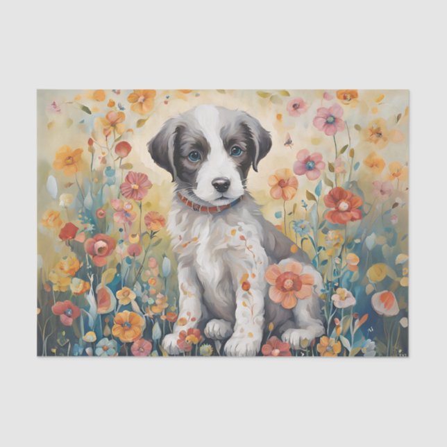 Puppy Surrounded by Flowers Decoupage Tissue Paper (Front)