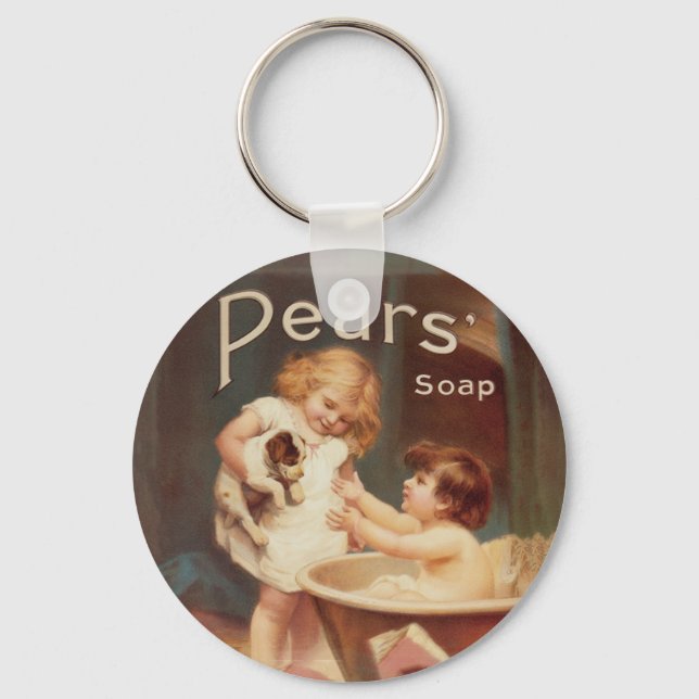 Puppy Taking A Bath Vintage Antique Key Ring (Front)