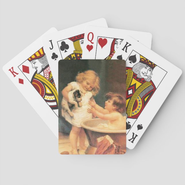 Puppy Taking A Bath Vintage Antique Playing Cards (Back)