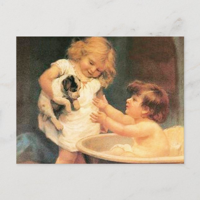 Puppy Taking A Bath Vintage Antique Postcard (Front)