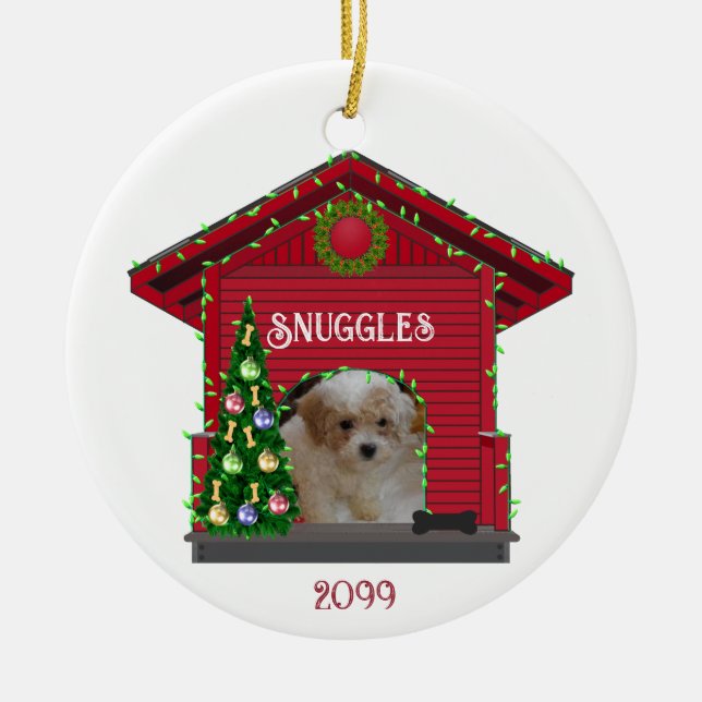 Puppy Upload Photo Decorated Dog House Christmas Ceramic Tree Decoration (Front)