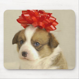 Puppy wearing a red bow mouse mat
