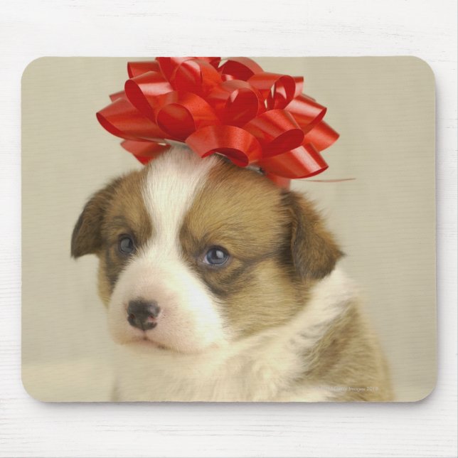 Puppy wearing a red bow mouse mat (Front)