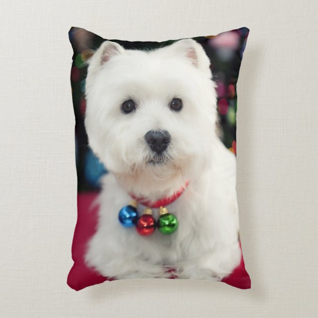 Puppy wearing Christmas bell on neck Decorative Cushion (Front(Vertical))
