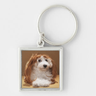 Puppy wearing ginger wig key ring