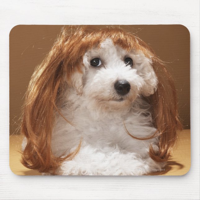 Puppy wearing ginger wig mouse mat (Front)
