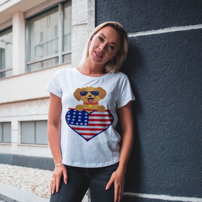 Puppy Wearing Sunglasses USA Flag Heart Unisex T-Shirt (Creator Uploaded)