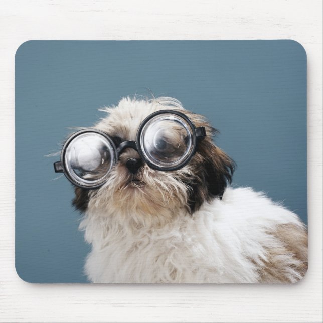 Puppy wearing thick glasses mouse mat (Front)
