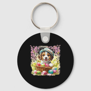 Puppy With A Bysket Full Of Easter Eggs; Happy Eas Key Ring