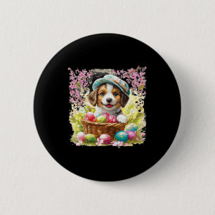 Puppy With A Sket Full Of Easter Eggs; Happy Easte 6 Cm Round Badge