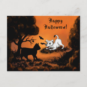 Puppy with Black Cat and Bat , Happy Halloween! Holiday Postcard