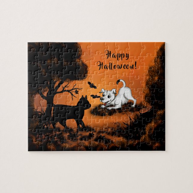 Puppy with Black Cat and Bat , Happy Halloween! Jigsaw Puzzle (Horizontal)