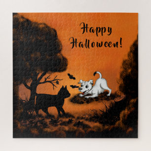 Puppy with Black Cat and Bat , Happy Halloween! Jigsaw Puzzle