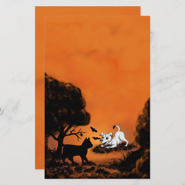 Puppy with Black Cat and Bat , Happy Halloween! Stationery (Front/Back)