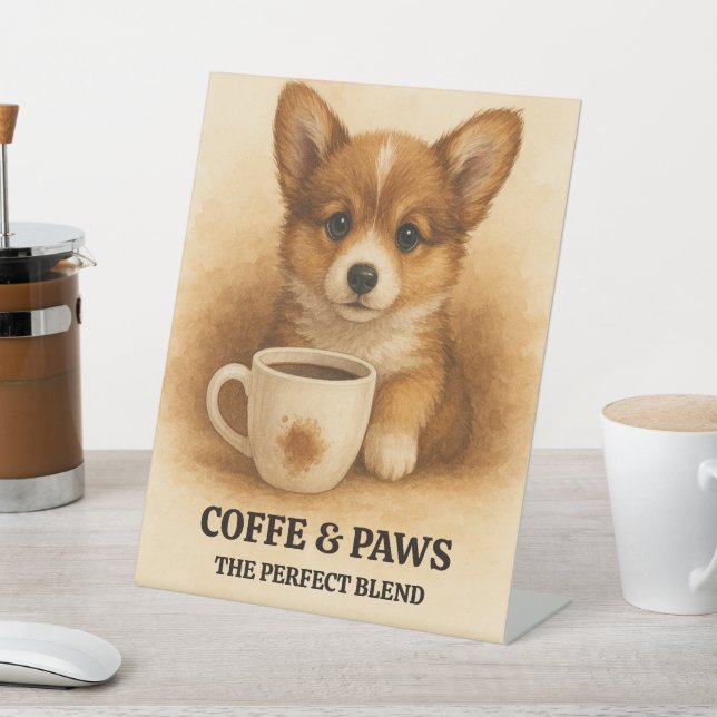 Puppy with Coffee Cup Watercolor Illustration Pedestal Sign (In SItu)