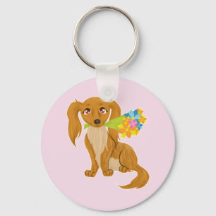 Puppy with Flower Bouquet Key Ring