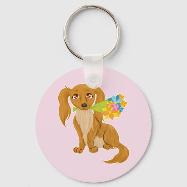 Puppy with Flower Bouquet Key Ring (Front)