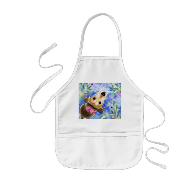 Puppy With Pink Ribbon - Cute Kids Apron (Front)