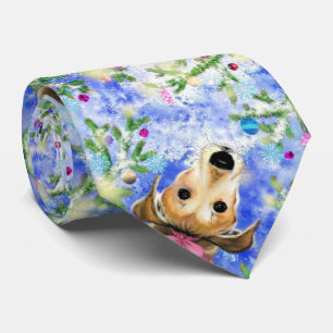 Puppy With Pink Ribbon - Merry Christmas Tie